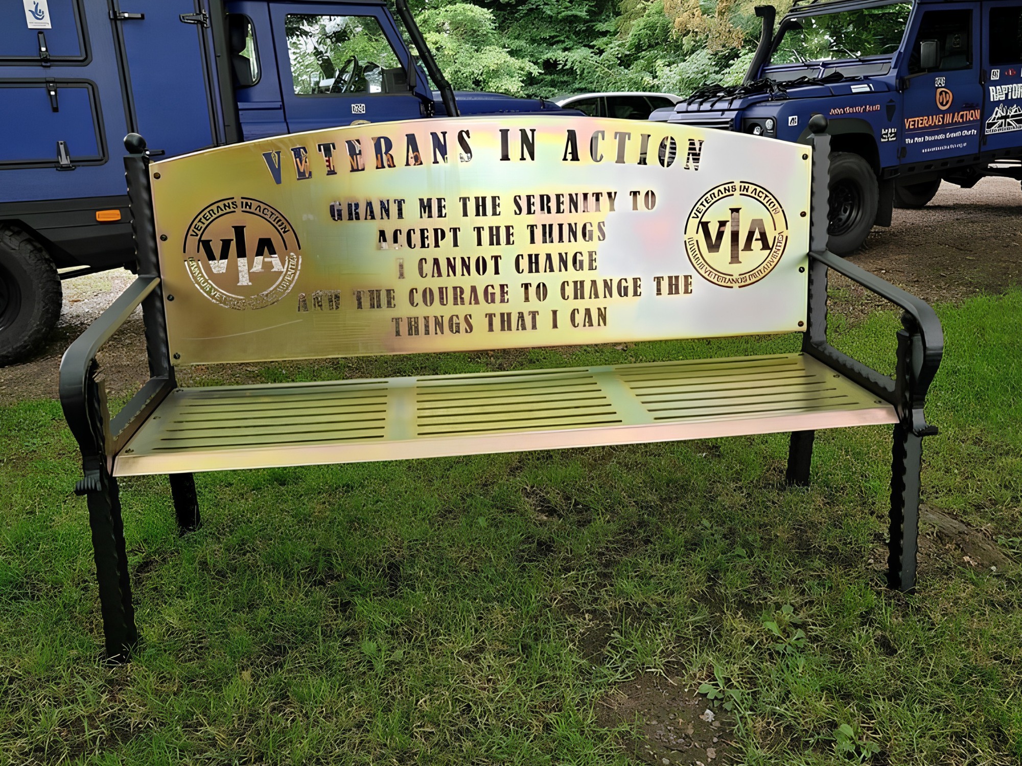 Veterans In Action memorial steel bench with laser‑cut soldier and crest design