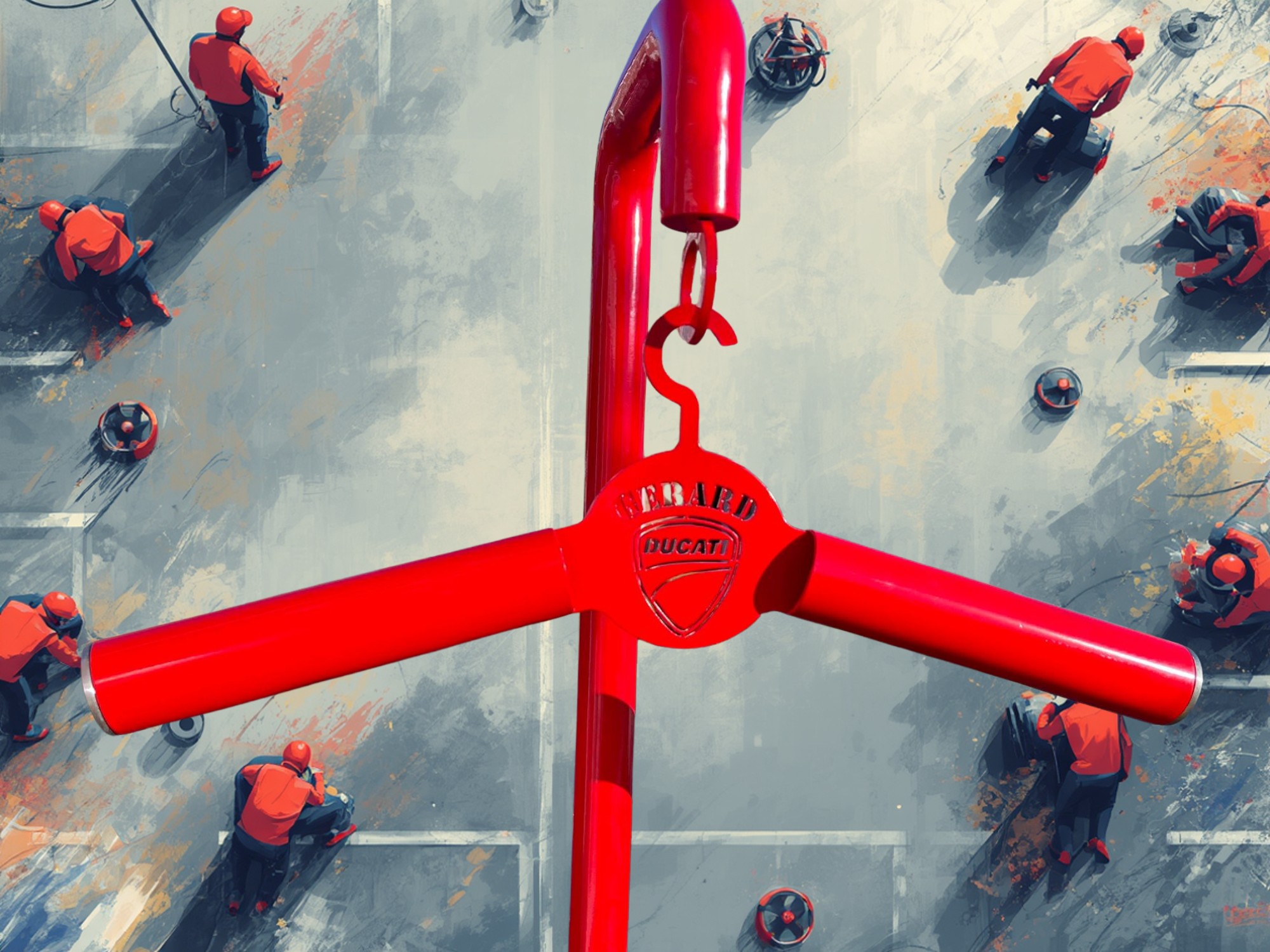 Red Ducati Gerard motorsport pit racing suit hanger with team members working in the background